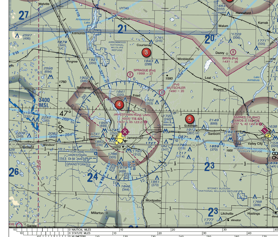 Cropped FAA sectional chart excerpt showing area 4 near Jamestown Regional inside a dashed magenta Class E surface boundary.